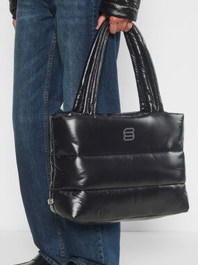 The Super Puff Tote Black Hi Gloss Puffer Bag Aritzia